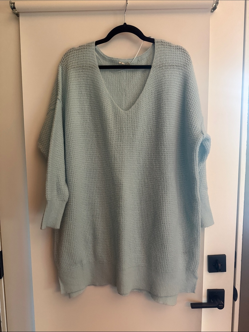 Free People Mint V-Neck Waffle Knit Oversized Sweater